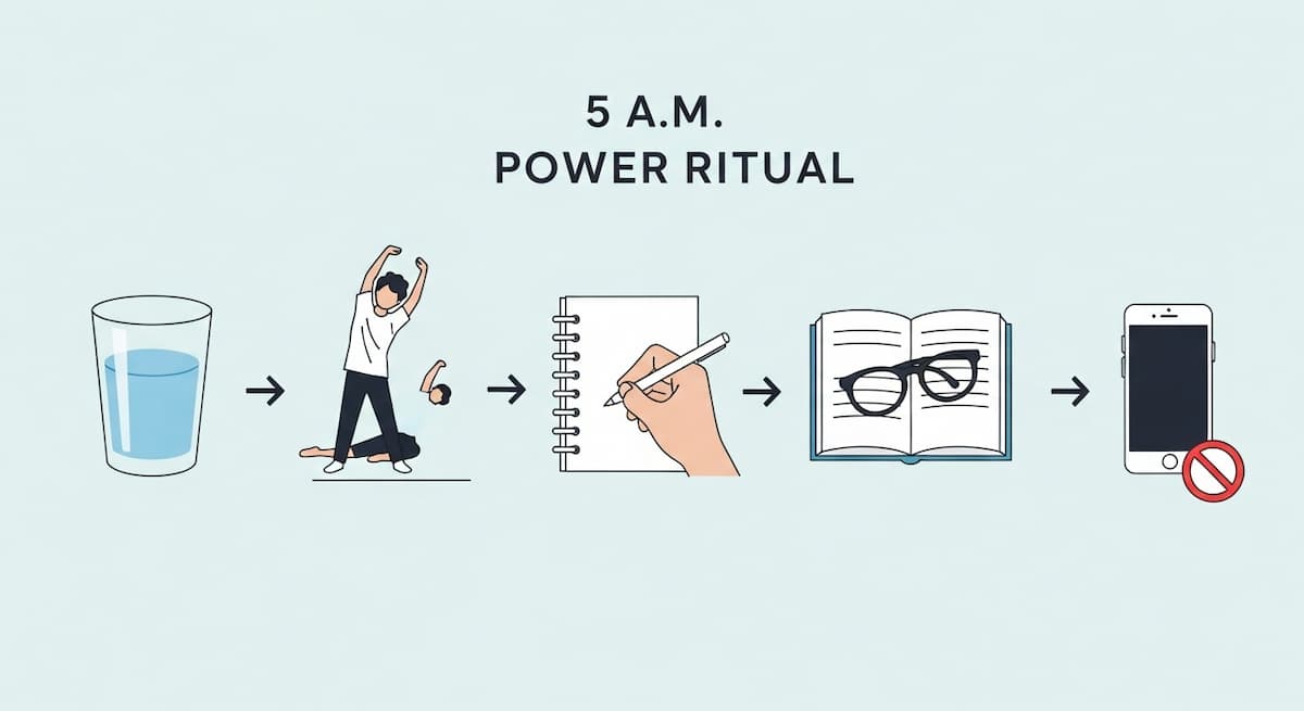 An infographic illustrating the 5 A.M. power ritual with icons for water, movement, goal setting, learning, and focus protection.