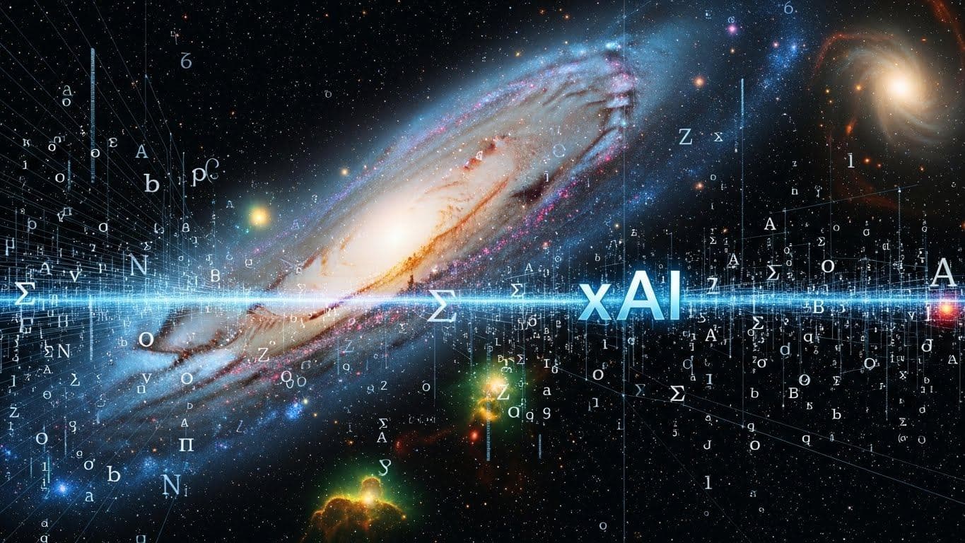 A galaxy overlaid with glowing equations and data, symbolizing xAI's mission to understand the universe through AI.