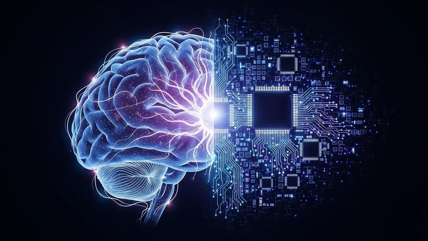 A human brain with neural networks morphing into a digital circuit board, representing DeepMind's neuroscience-first approach to AI.