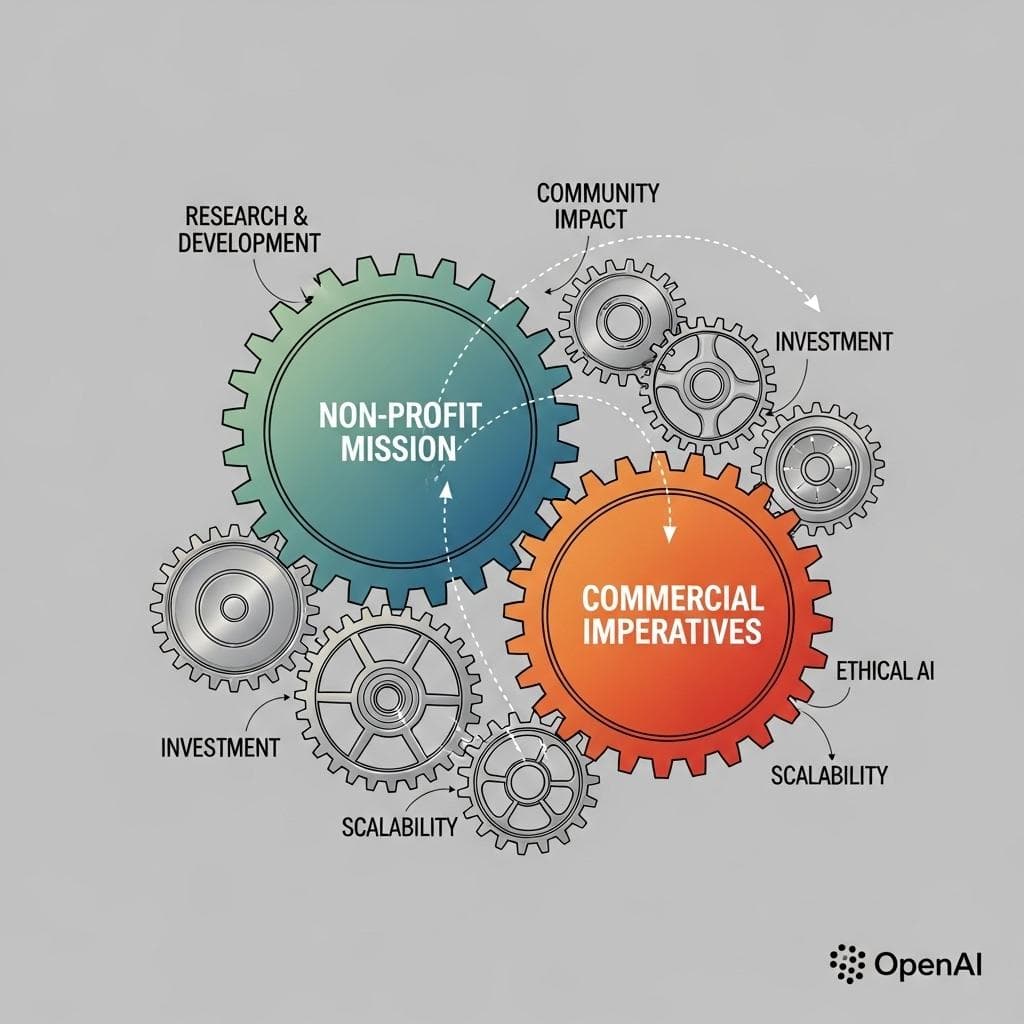 Interlocking gears labeled 'Non-Profit Mission' and 'Commercial Imperatives', symbolizing OpenAI's capped-profit model.