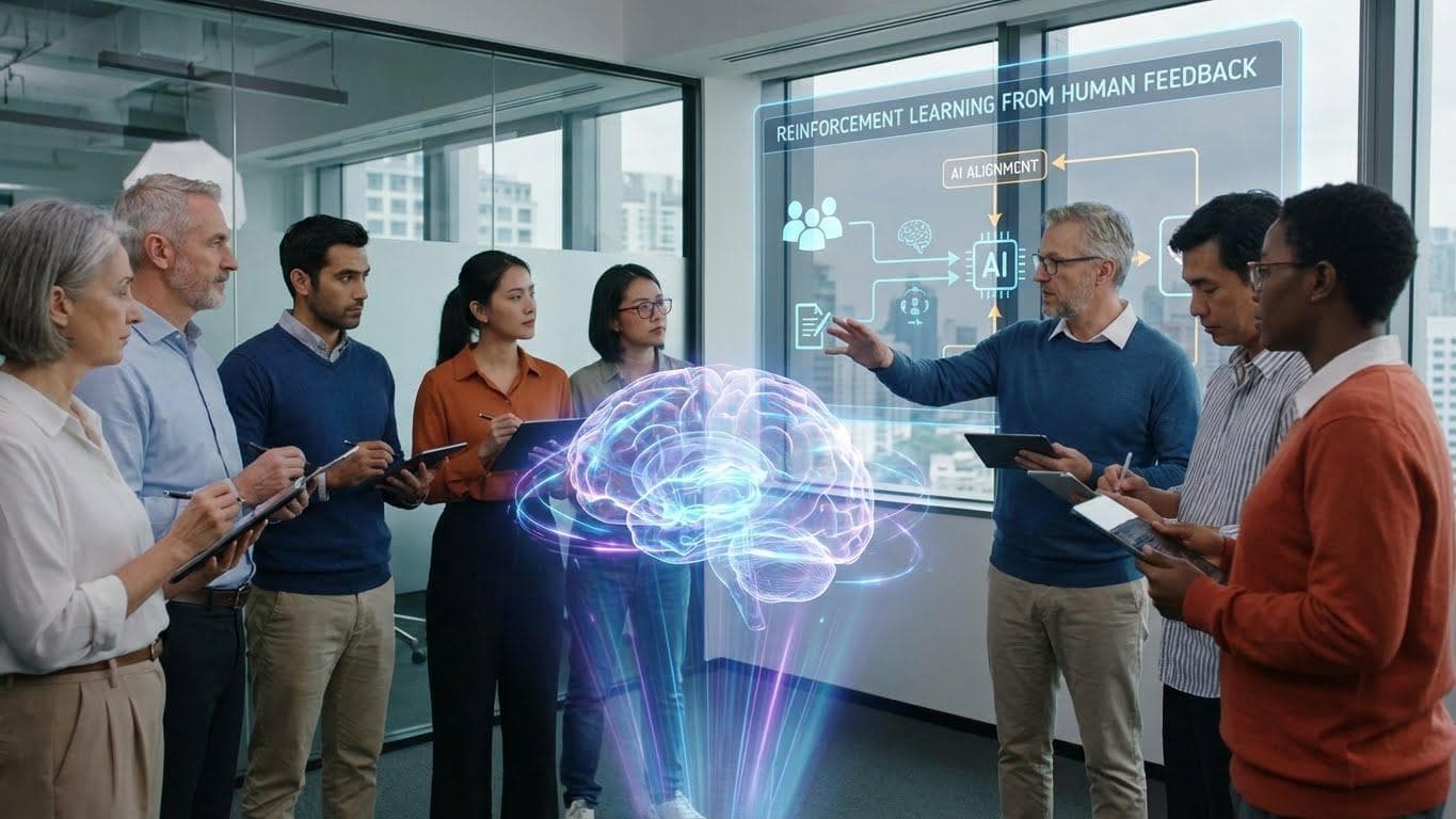 Diverse human figures giving feedback to a glowing AI, illustrating Reinforcement Learning from Human Feedback for AI alignment.