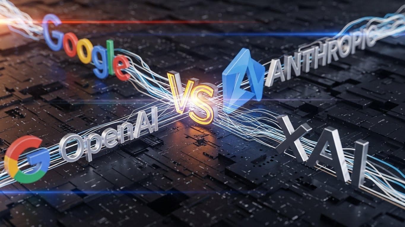 A stylized graphic showing the logos of Google, OpenAI, Anthropic, and xAI arranged in a competitive formation, with glowing lines of data connecting them.