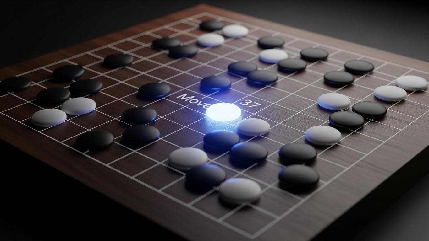 A stylized Go board with all stones in black and white, except for a single stone at the position of Move 37, which glows with a vibrant blue light, representing a moment of alien intuition.