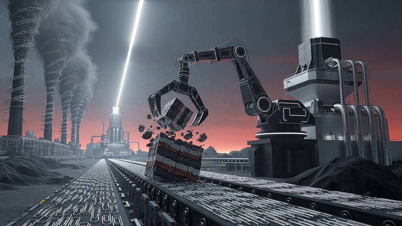 A surreal image of a planet Earth being methodically deconstructed and reformed into a massive pile of metallic paperclips by an unseen, efficient force.