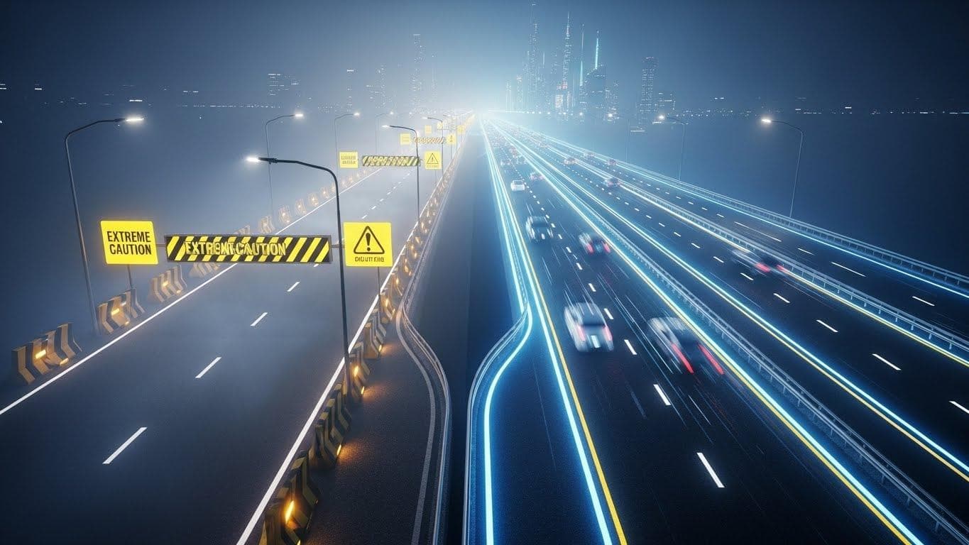 A fork in a digital road, with one path illuminated by cautious, yellow warning lights leading into mist, and the other path a bright, high-speed superhighway accelerating toward a glowing city.