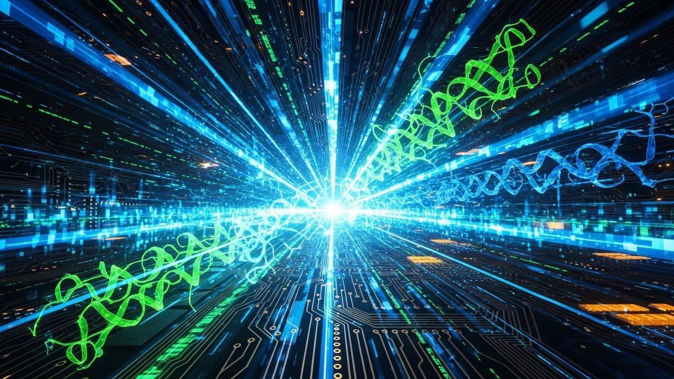 Abstract scientific data streams and protein structures, symbolizing Gemini AI's connection to research like AlphaFold.