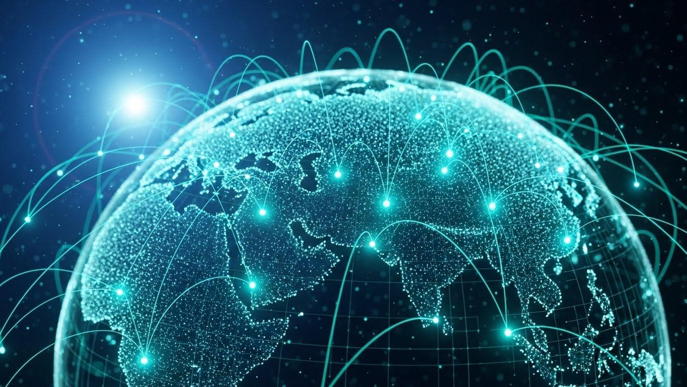 Vast digital network spreading across a globe, symbolizing OpenAI's global reach and GPT's user base and ecosystem.