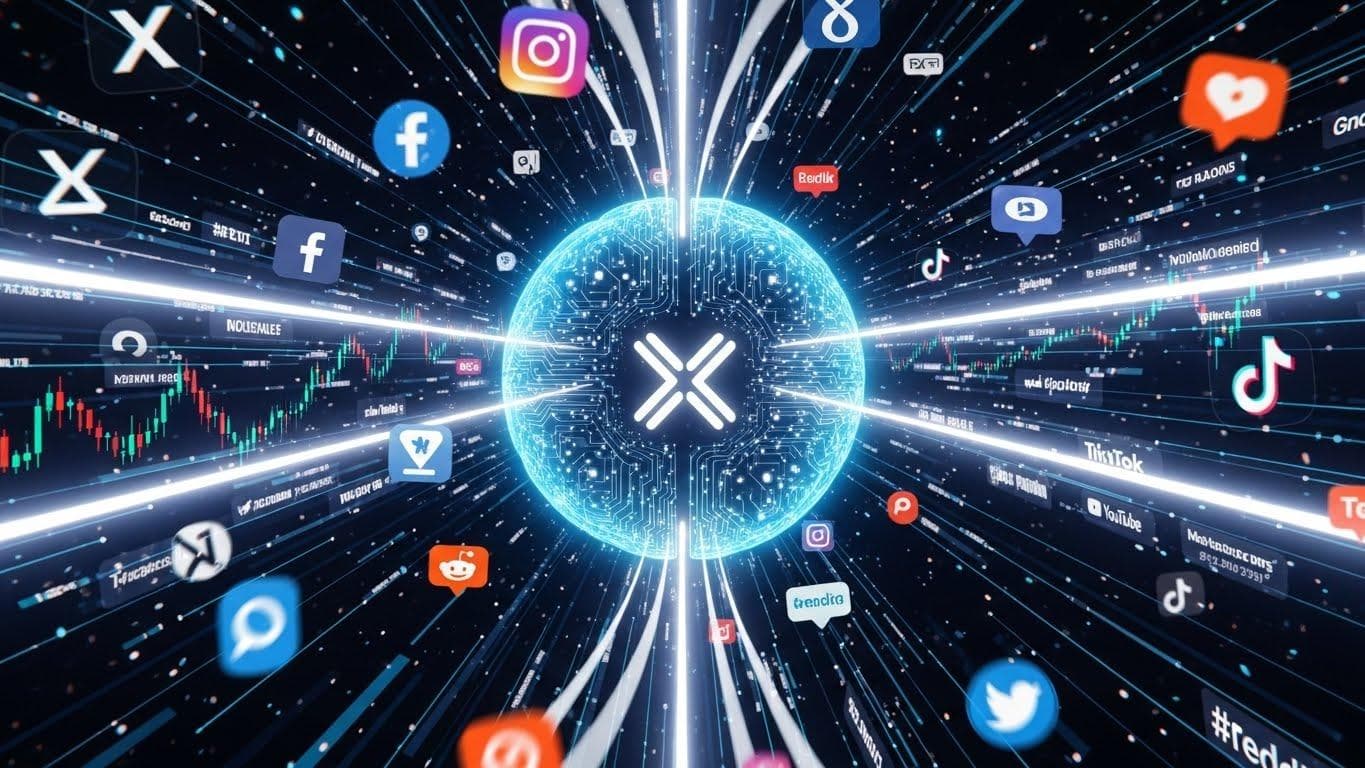Pulsating network of social media icons and data feeds flowing into an AI brain, representing Grok's real-time connection to X.