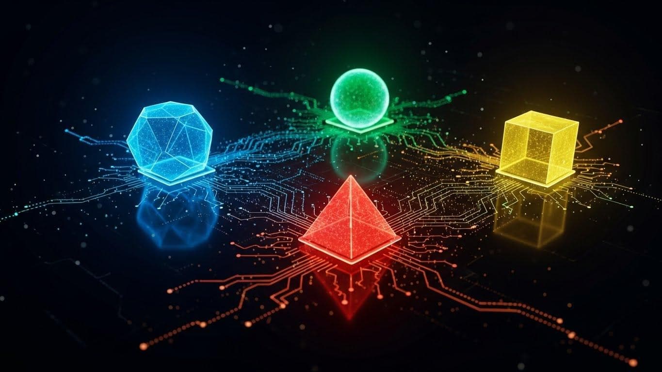 Abstract visualization of four glowing AI cores interconnected by light, representing the competitive AI landscape of Gemini, GPT, Claude, and Grok.