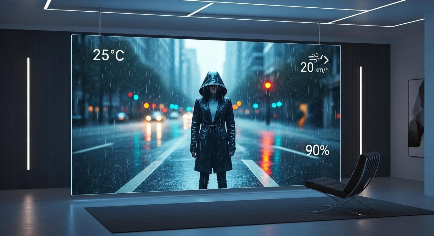 A stunning, cinematic image of a futuristic weather forecast being displayed on a holographic, transparent screen. The video shows an AI-generated person in a raincoat, with real-time weather data overlaid on the screen.
