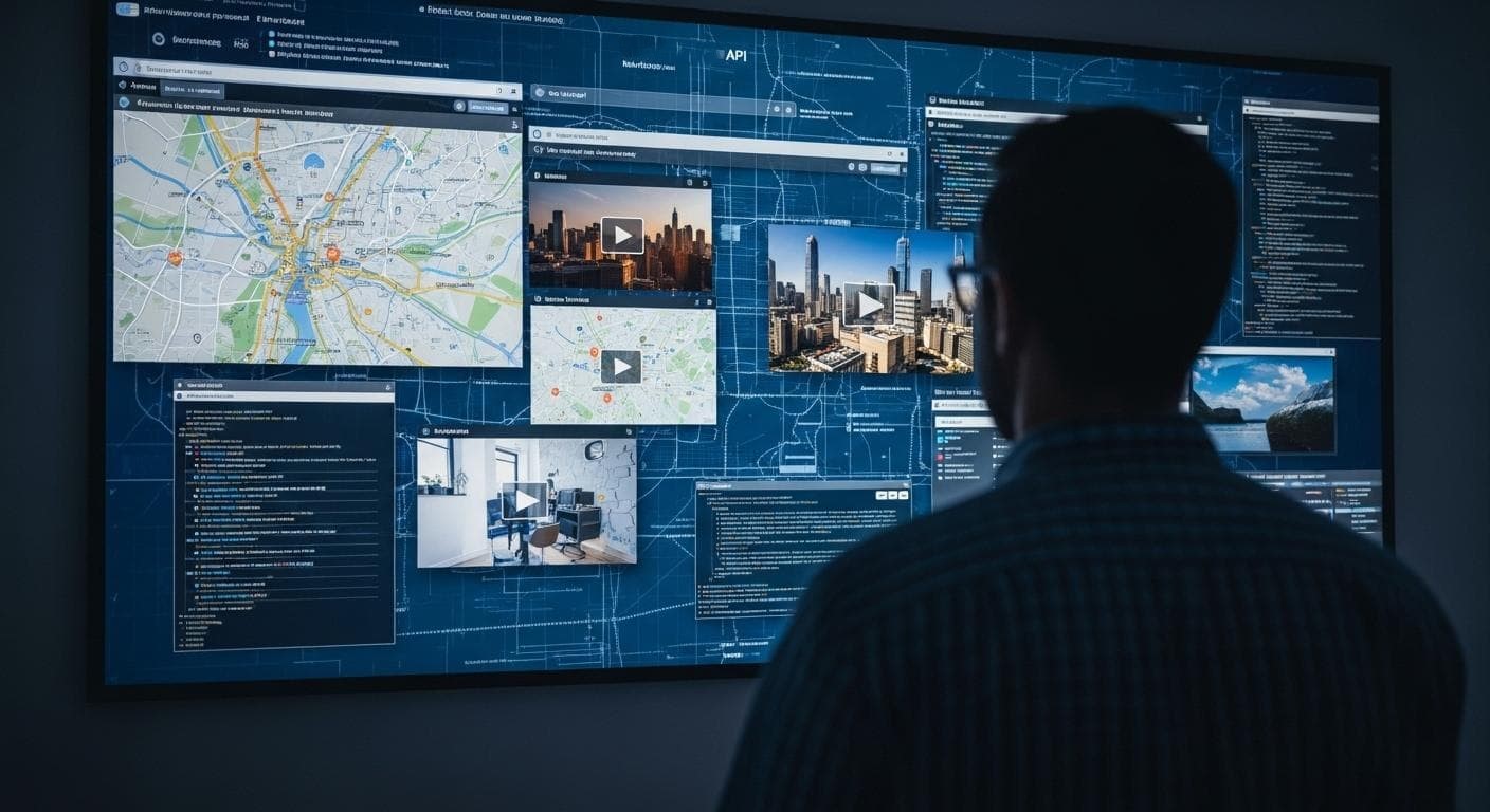 A conceptual image of a developer, seen from behind, looking thoughtfully at a large, futuristic screen displaying a complex user interface that combines maps, video feeds, and data visualizations.