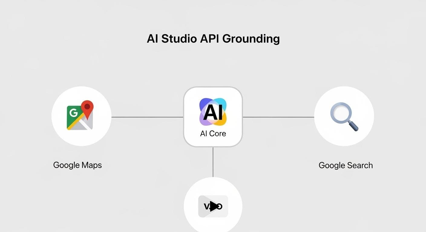 A clean and clear diagram showing a central AI model icon connecting with lines to three other icons representing Google Maps, Google Search, and the Veo video API. The title above reads 'AI Studio API Grounding'.