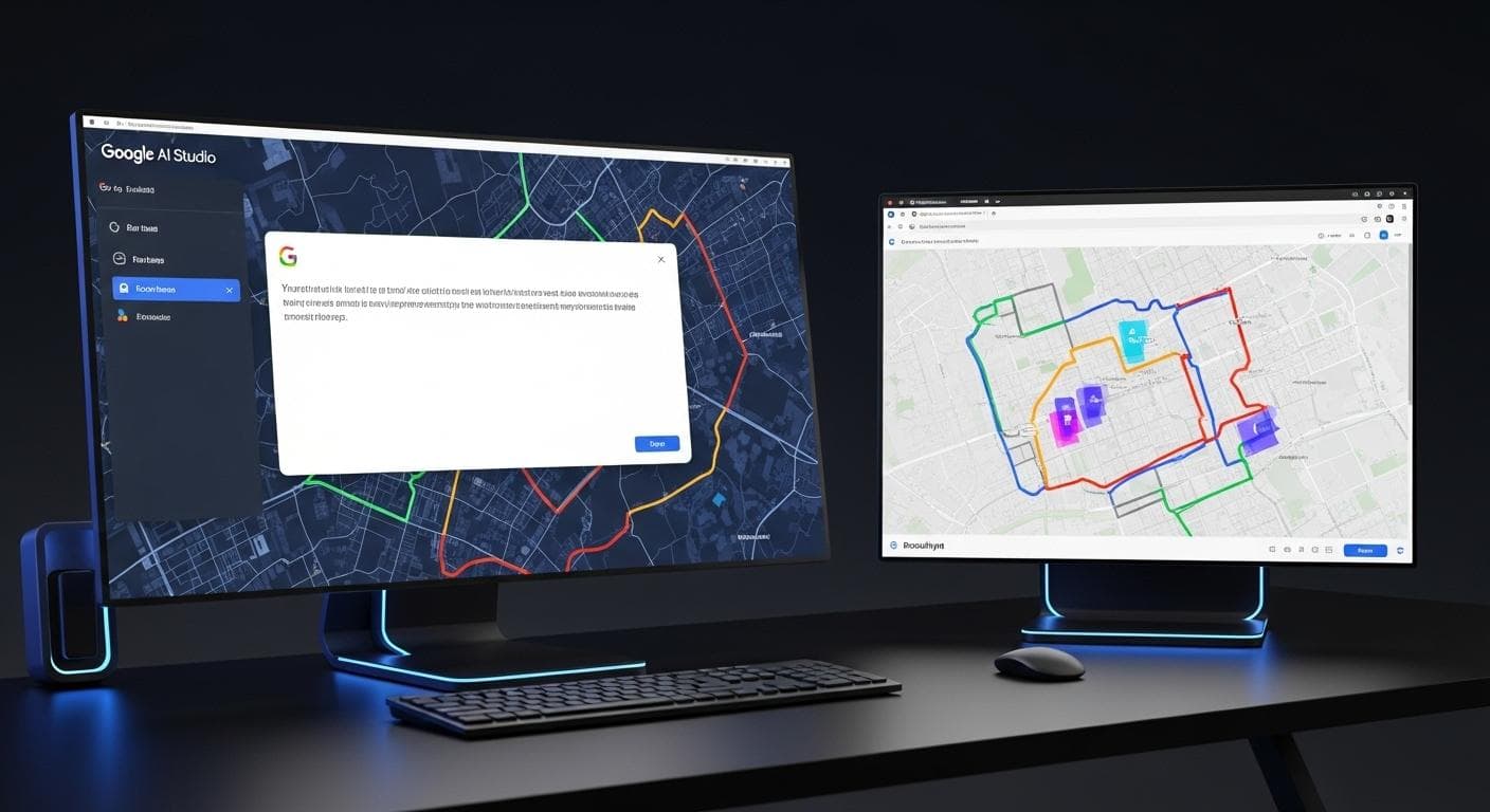 A futuristic developer workspace showing the AI Studio interface. On the left is the prompt for the smart itinerary app, and on the right is the live, generated web app displaying an interactive map of Brooklyn with running routes highlighted.