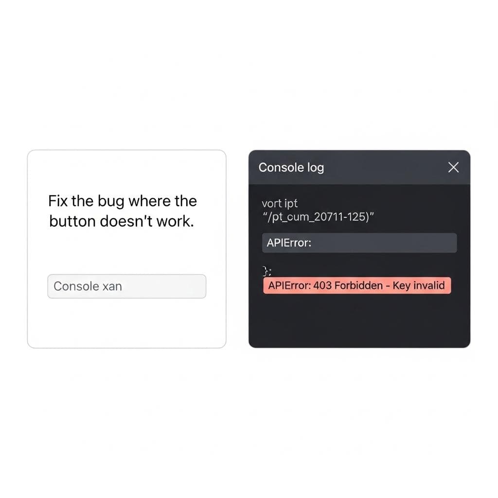 A clean user interface graphic showing a prompt input field on the left and a console log output on the right. The console log shows a successful API call followed by a common error message, with the specific error code highlighted for easy debugging.