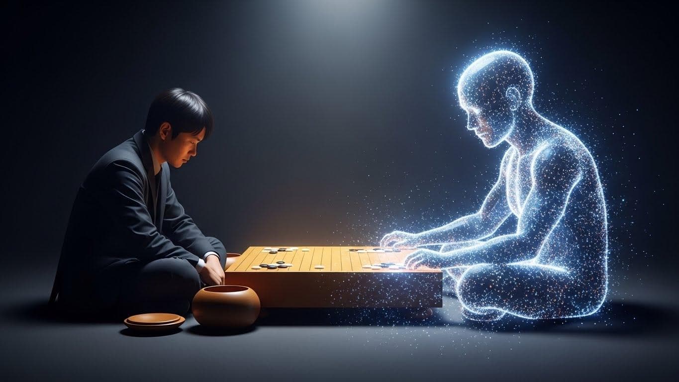 A dramatic, stylized image depicting a human figure sitting opposite a glowing, abstract digital entity across a Go board, symbolizing the historic AlphaGo match.