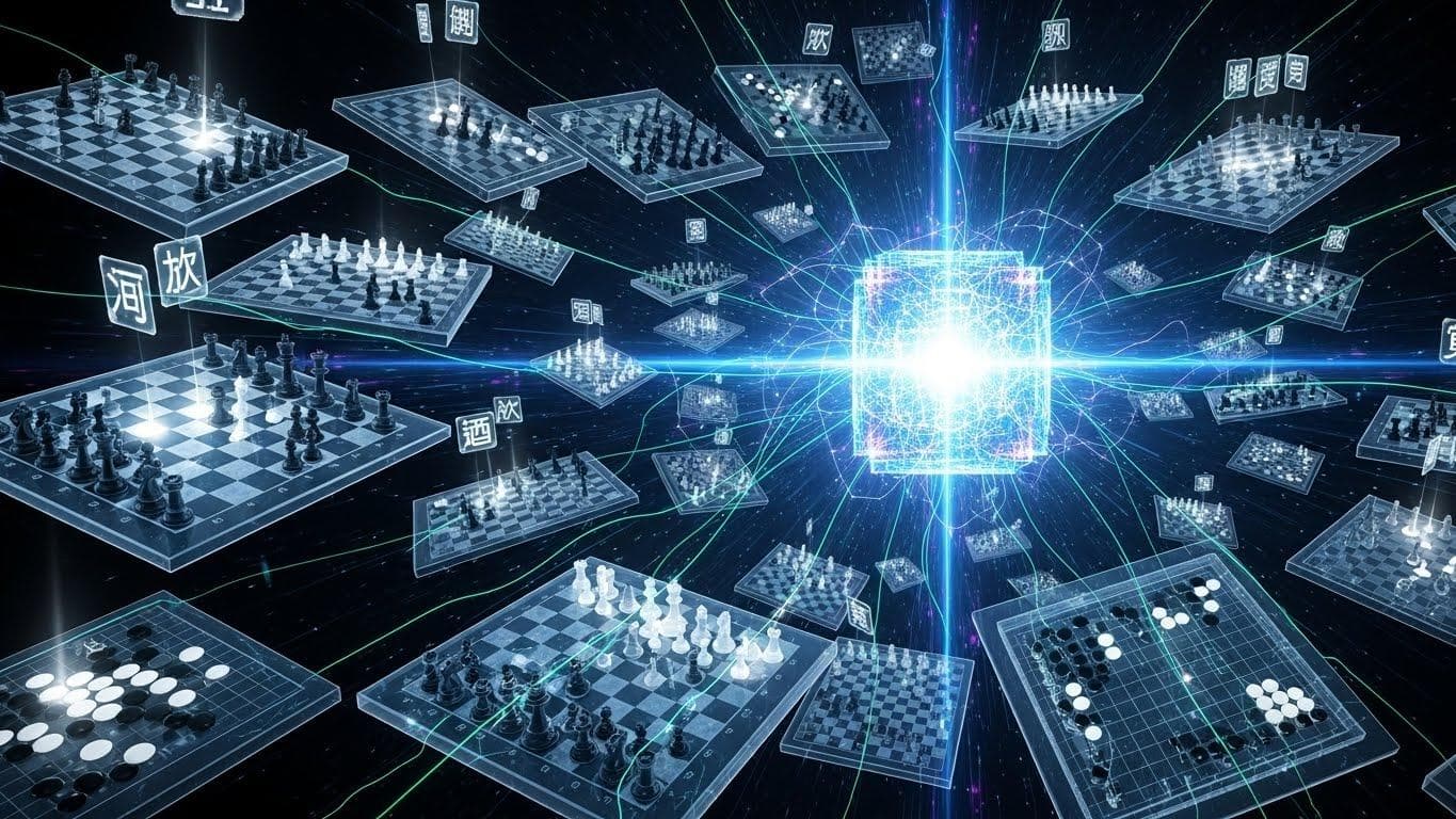 An abstract visualization of an AI core teaching itself, surrounded by swirling game boards, representing AlphaZero's self-play mastery.