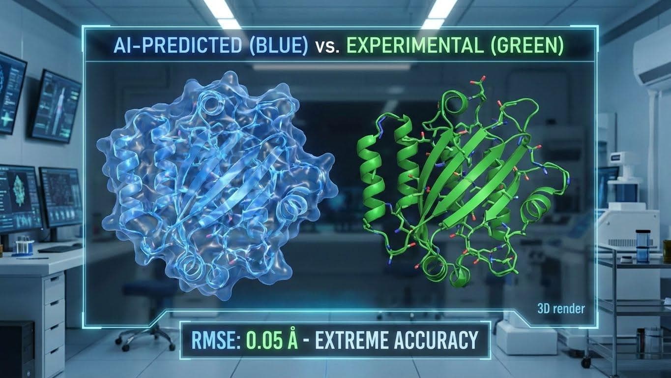 A scientific visualization showing a blue, AI-predicted protein structure perfectly overlaid on a green, experimentally-determined structure, demonstrating extreme accuracy.