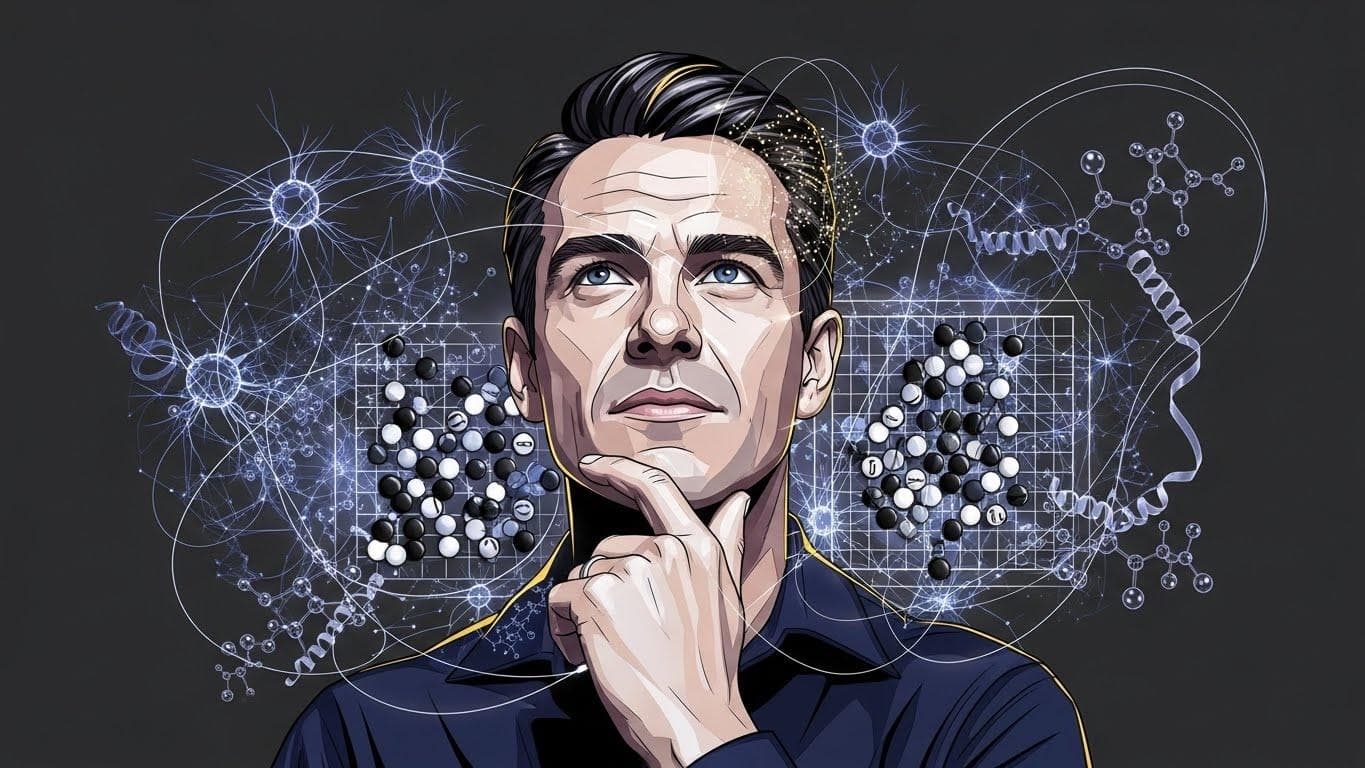 A conceptual portrait of a thoughtful man, with faint overlays of neural network diagrams and Go board patterns.