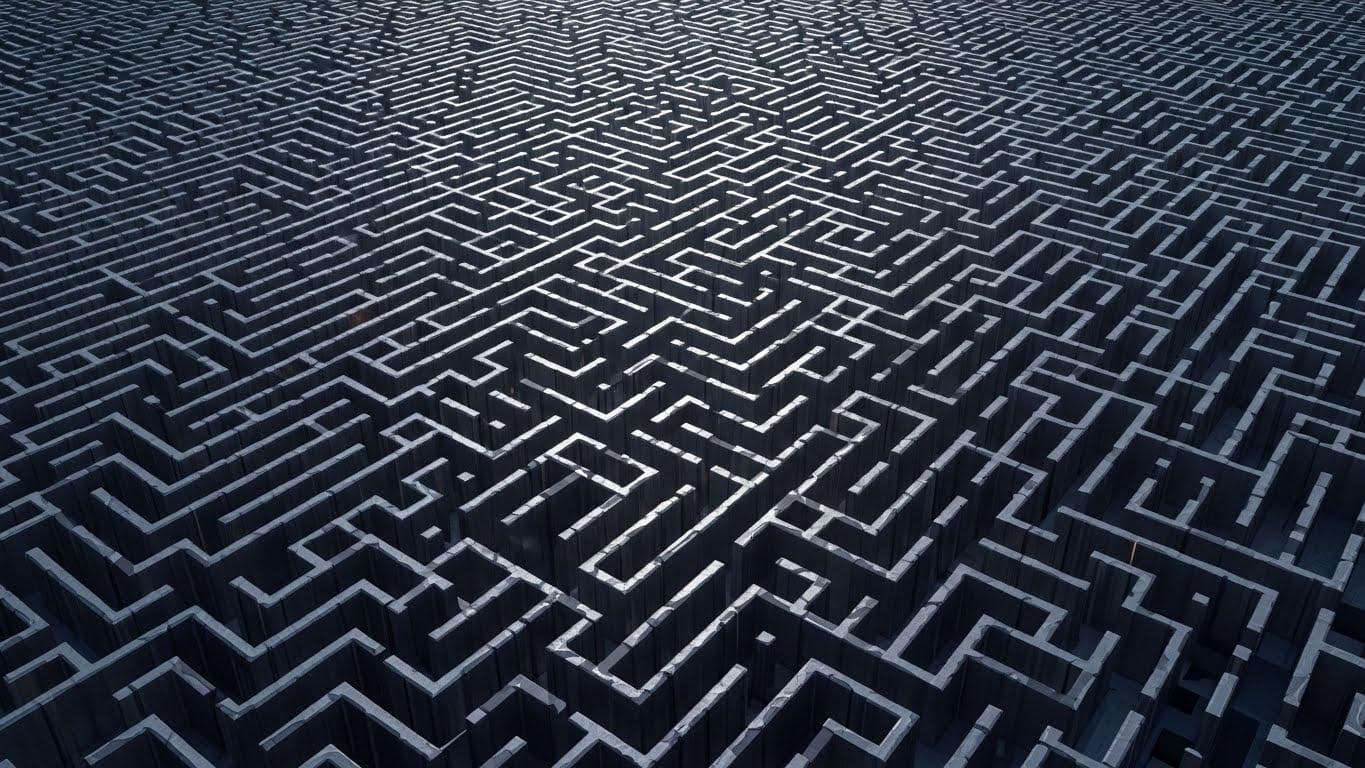 A visually overwhelming image of a vast and intricate three-dimensional maze, representing the near-infinite number of possible protein folding configurations.