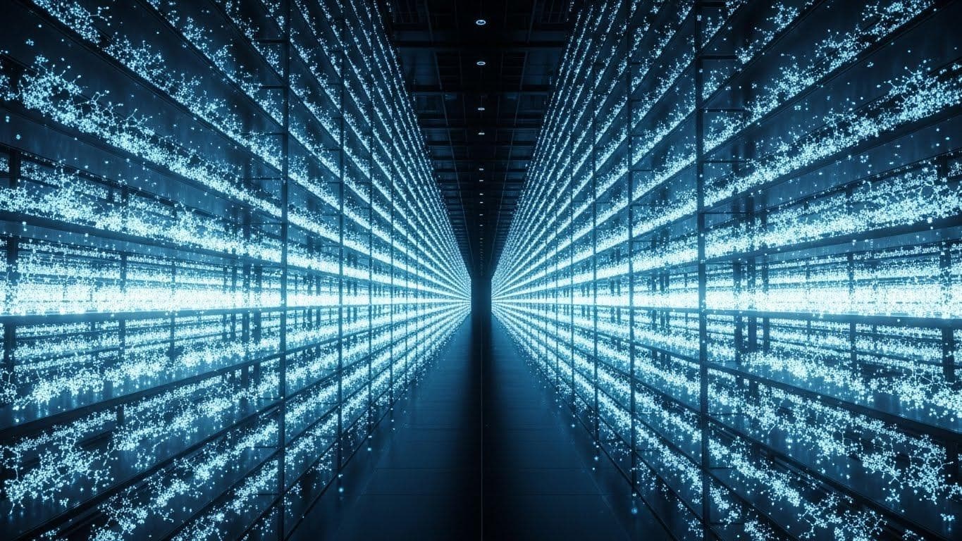An awe-inspiring image of a vast, glowing digital library with infinite shelves, symbolizing the 200 million structures in the AlphaFold database.