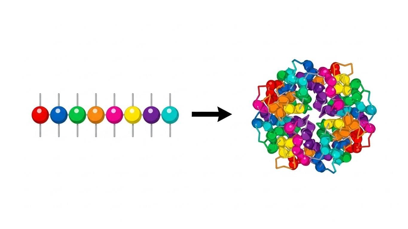 A simple diagram showing a linear chain of colorful amino acid beads on the left, folding into a complex, tangled 3D protein structure on the right.