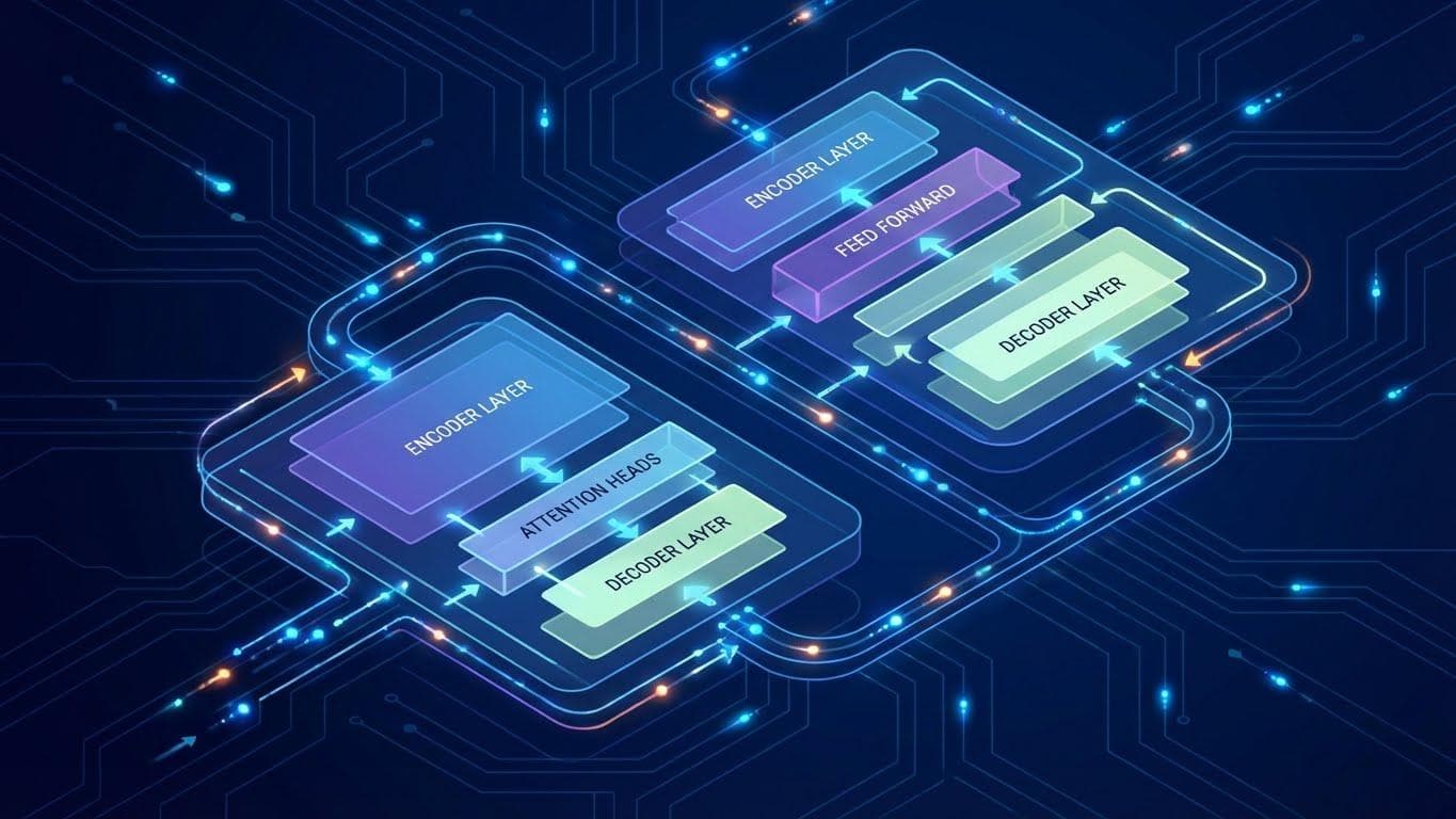 A clean, abstract diagram of a Transformer neural network, illustrating the complex architecture behind systems like AlphaFold 2.