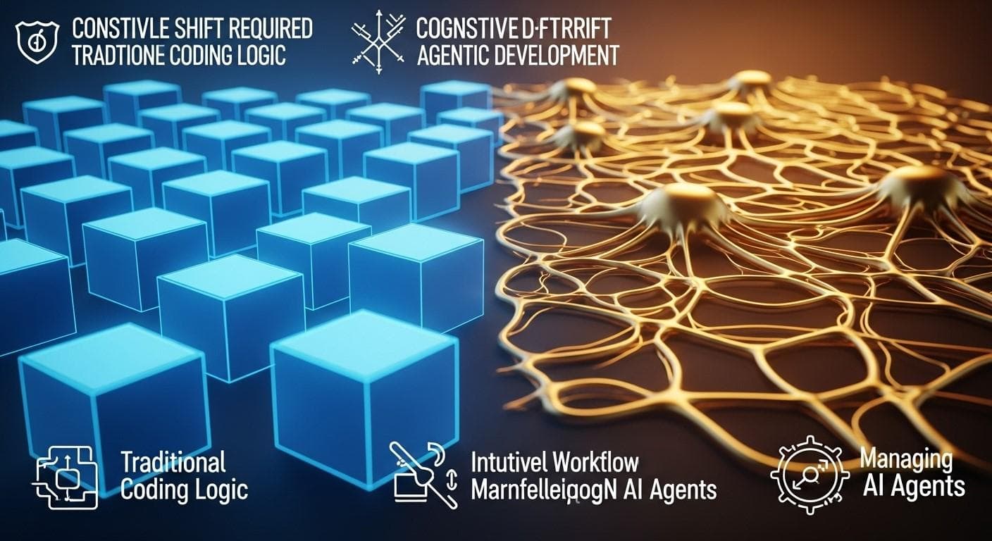 An abstract representation of the cognitive shift in development. On one side, rigid, glowing cubes represent traditional, structured coding. On the other, fluid, interconnected neural pathways symbolize the intuitive, agent-assisted workflow.