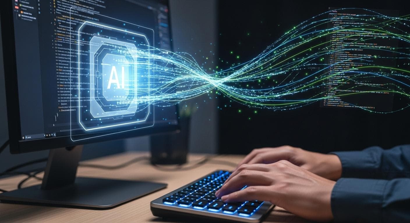 Conceptual image of a developer's hands on a glowing keyboard. Abstract lines of code flow from a holographic AI interface on the side to the main monitor, symbolizing the seamless collaboration and hand-off between human and AI.