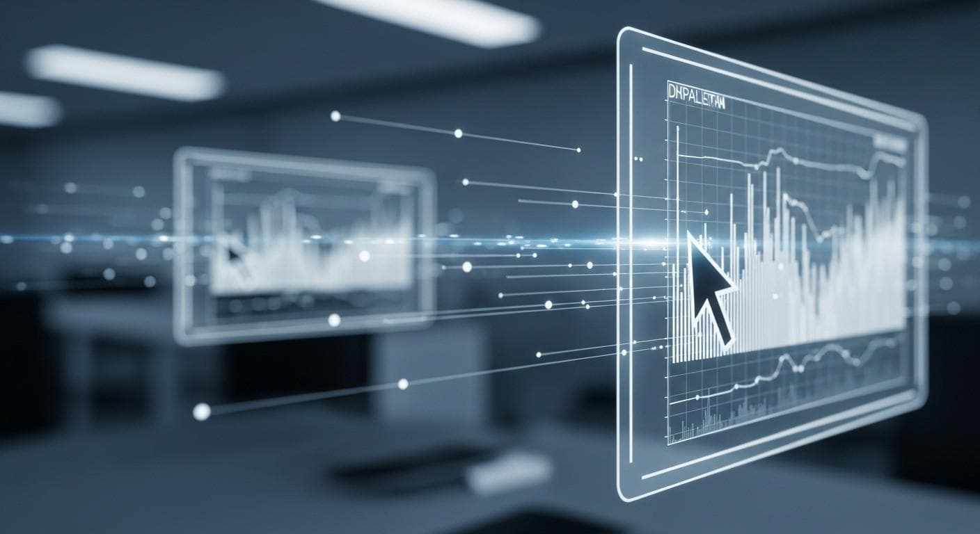 A futuristic workspace with multiple floating holographic screens. One screen shows complex code, another displays API documentation, and a central one shows an automated browser test in action, representing a developer's multi-threaded workflow.