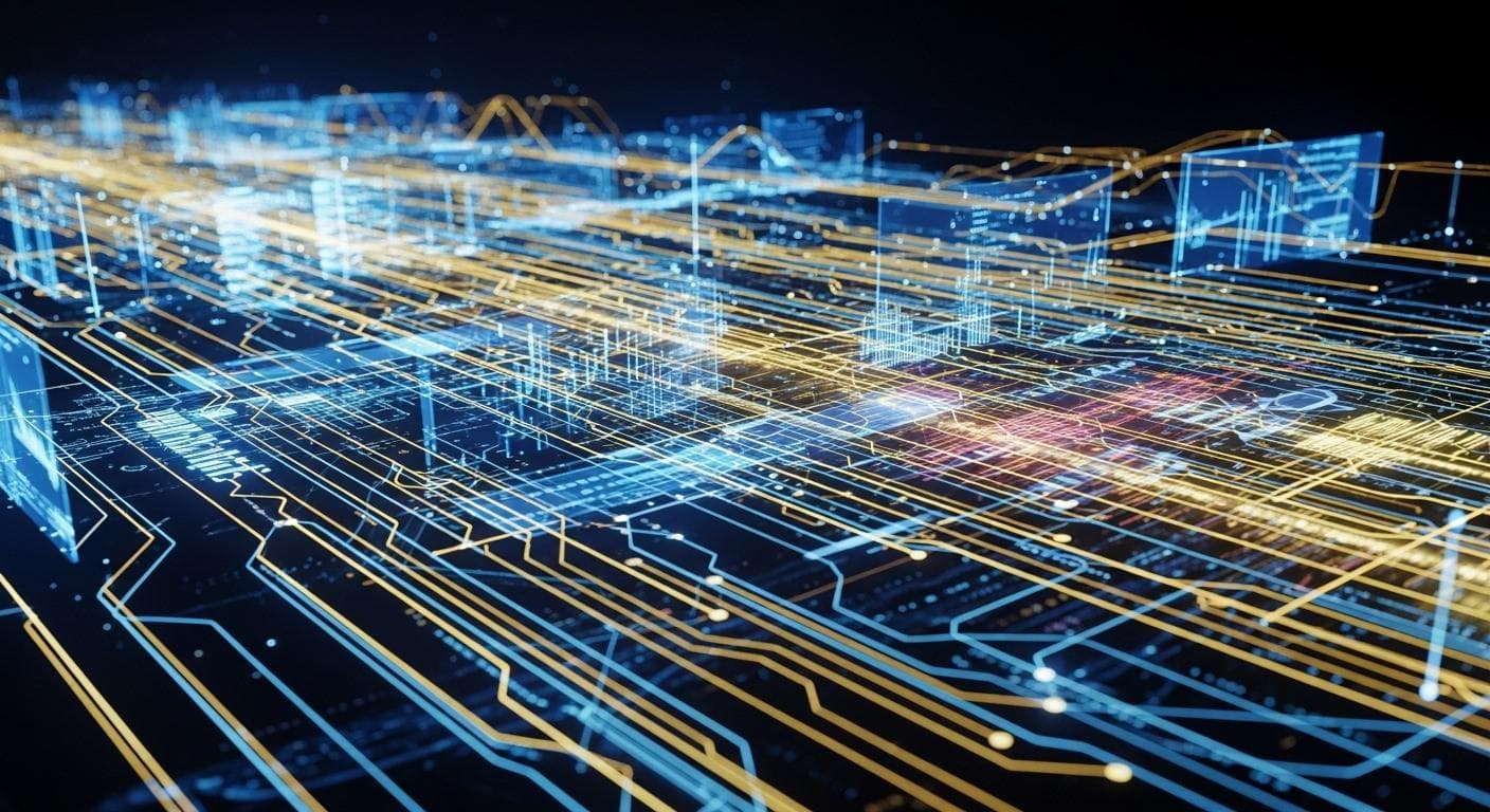 An abstract, cinematic digital art piece showing luminous, interconnected networks of code, data streams, and UI elements, symbolizing the complex and beautiful new paradigm of agent-assisted software development.