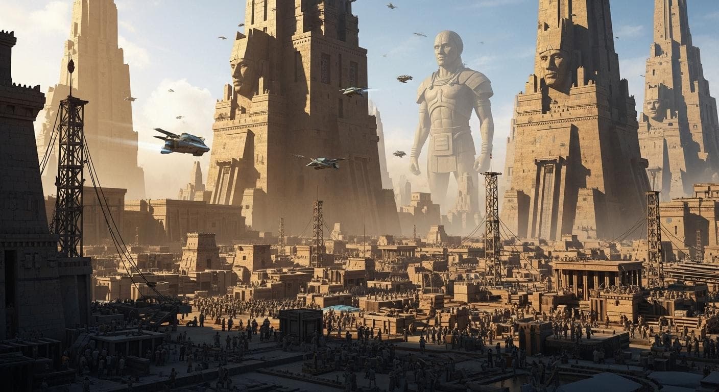 A hyper-realistic sci-fi rendering of a towering, alien city in the Mesopotamian desert at dusk, with glowing structures, strange flying vehicles, and small human-like figures working on large-scale construction projects under the watch of giant Anunnaki beings.