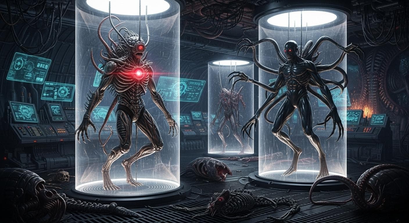Digital art depicting the horrific failures of Anunnaki genetic experiments, showing vaguely humanoid but monstrous creatures like a Cyclops and a multi-limbed being contained within shimmering energy fields in a dark, high-tech laboratory.