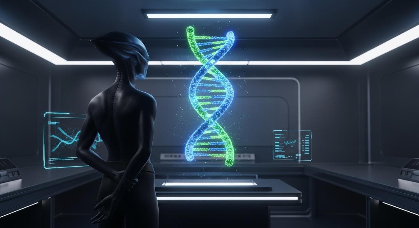 A conceptual image of a tall, elegant Anunnaki figure in a dimly lit, futuristic laboratory, seen from behind. The figure is observing a complex, glowing double helix of DNA suspended holographically in mid-air, symbolizing the genetic engineering of humanity.