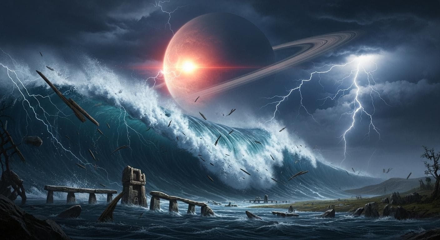 A cataclysmic cinematic scene showing a colossal tidal wave, its crest scraping the dark storm clouds, about to crash down on an ancient landscape. In the sky above, a massive, glowing planet, Nibiru, looms ominously.