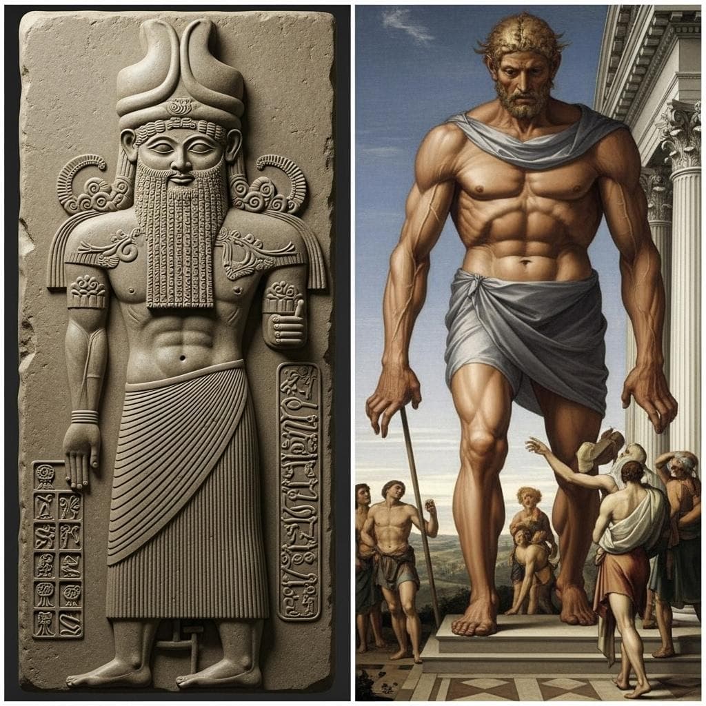 A side-by-side visual comparison. On the left, a recreation of a Sumerian stone carving of a tall, bearded Anunnaki god. On the right, a classical artistic depiction of a biblical Nephilim, portrayed as a muscular giant towering over regular humans.