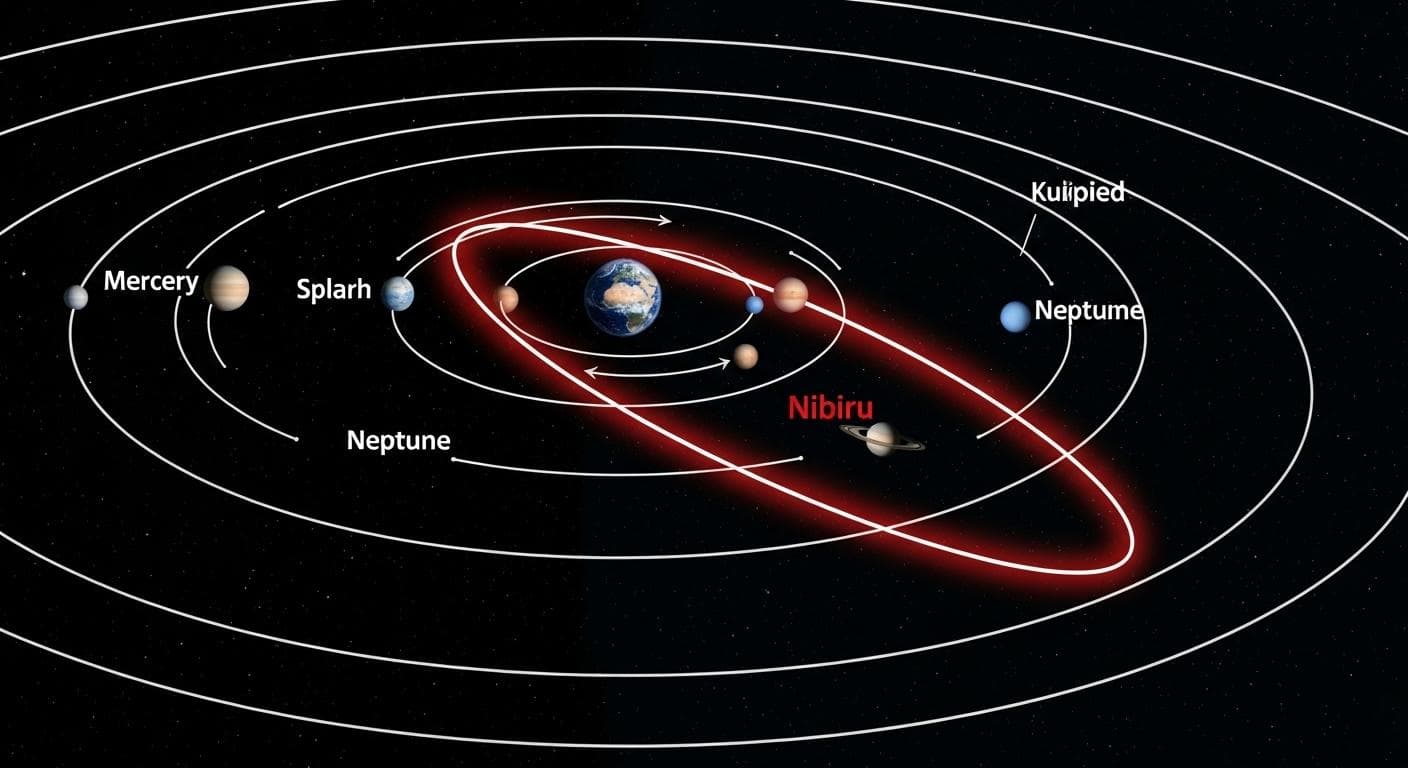 An illustrated diagram of our solar system showing the orbits of the known planets, with a dramatic, glowing red elliptical orbit labeled 'Nibiru' sweeping from the outer Kuiper Belt and crossing through the inner solar system near Earth.