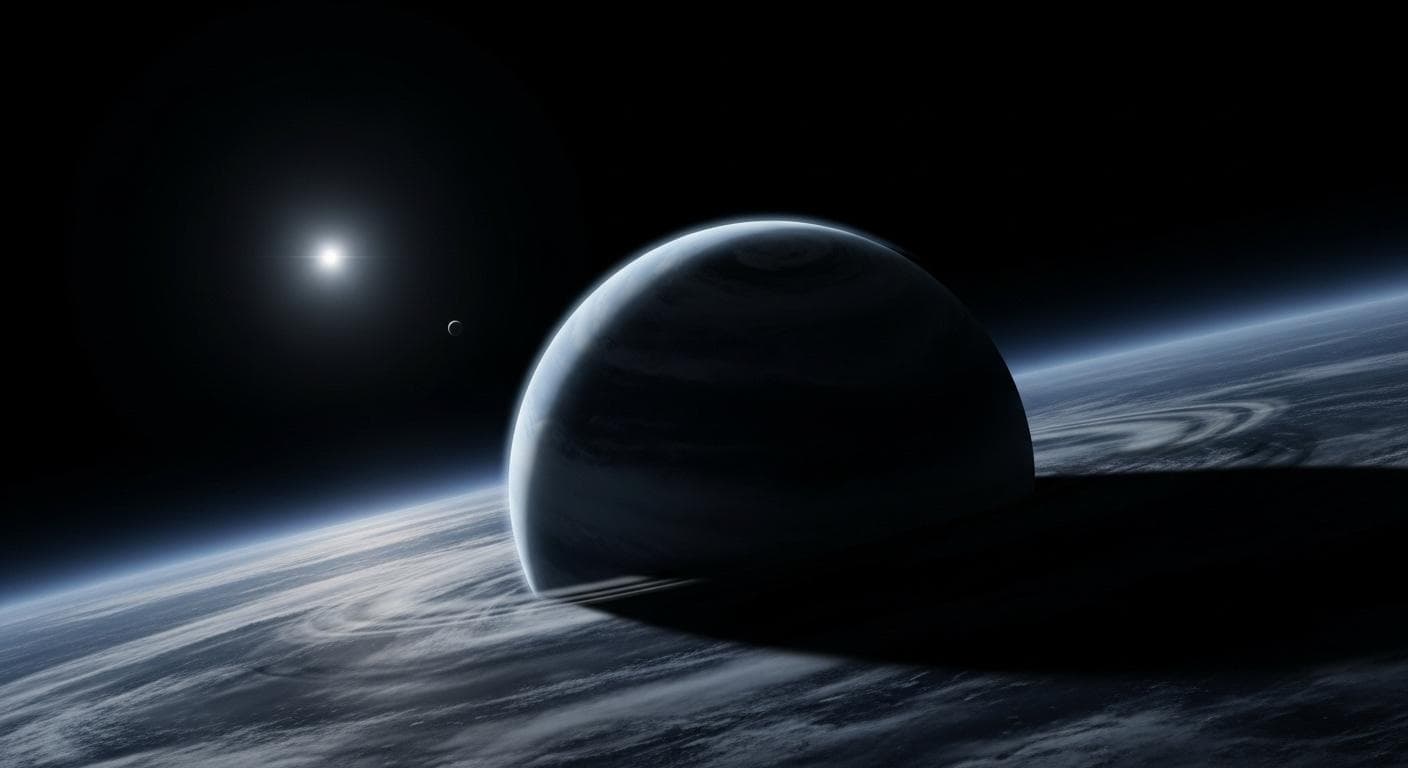 A stunning, scientifically-informed artistic rendering of the hypothetical Planet 9, depicted as a dark, icy gas giant in the vast blackness of the Kuiper Belt. The sun is a tiny, distant bright star in the background, casting a faint light on the planet's cloud tops.