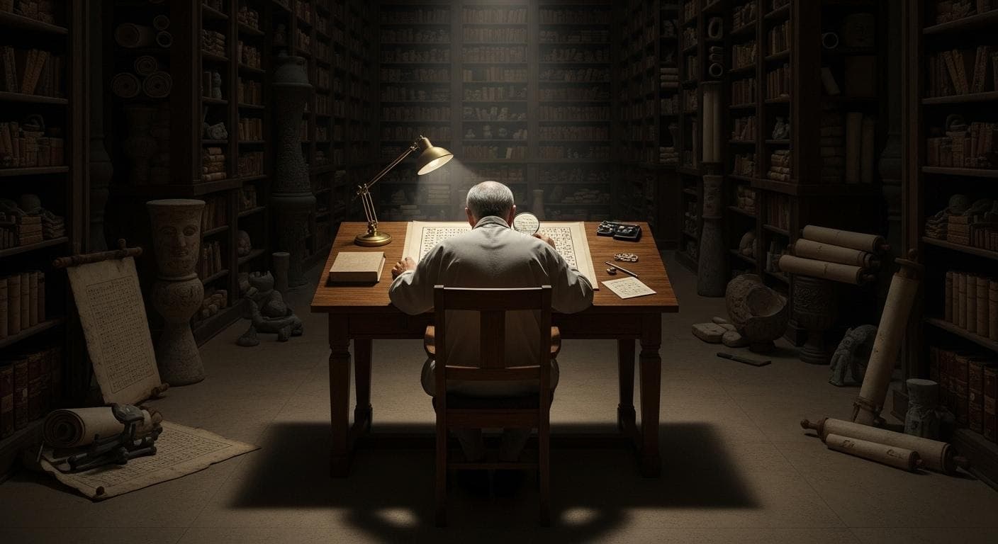 A lone scholar, depicted conceptually from behind in a library filled with ancient scrolls and artifacts, carefully examining a dusty Sumerian cuneiform tablet with a magnifying glass under a single beam of light.