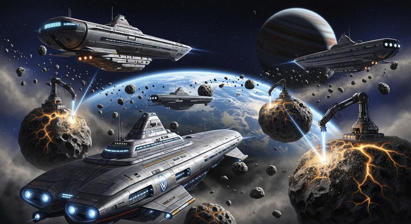 A hopeful, futuristic vision of humanity as a spacefaring species. Sleek, advanced spaceships are depicted mining asteroids in the belt between Mars and Jupiter, with the Earth visible as a blue marble in the distance.