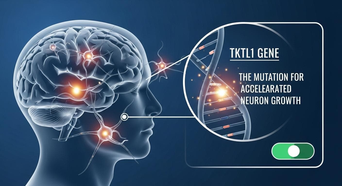 An infographic diagram showing a human brain with neurons firing. A callout box magnifies a DNA strand and highlights a glowing segment labeled 'TKTL1 Gene,' with text explaining its role in accelerated neuron growth.