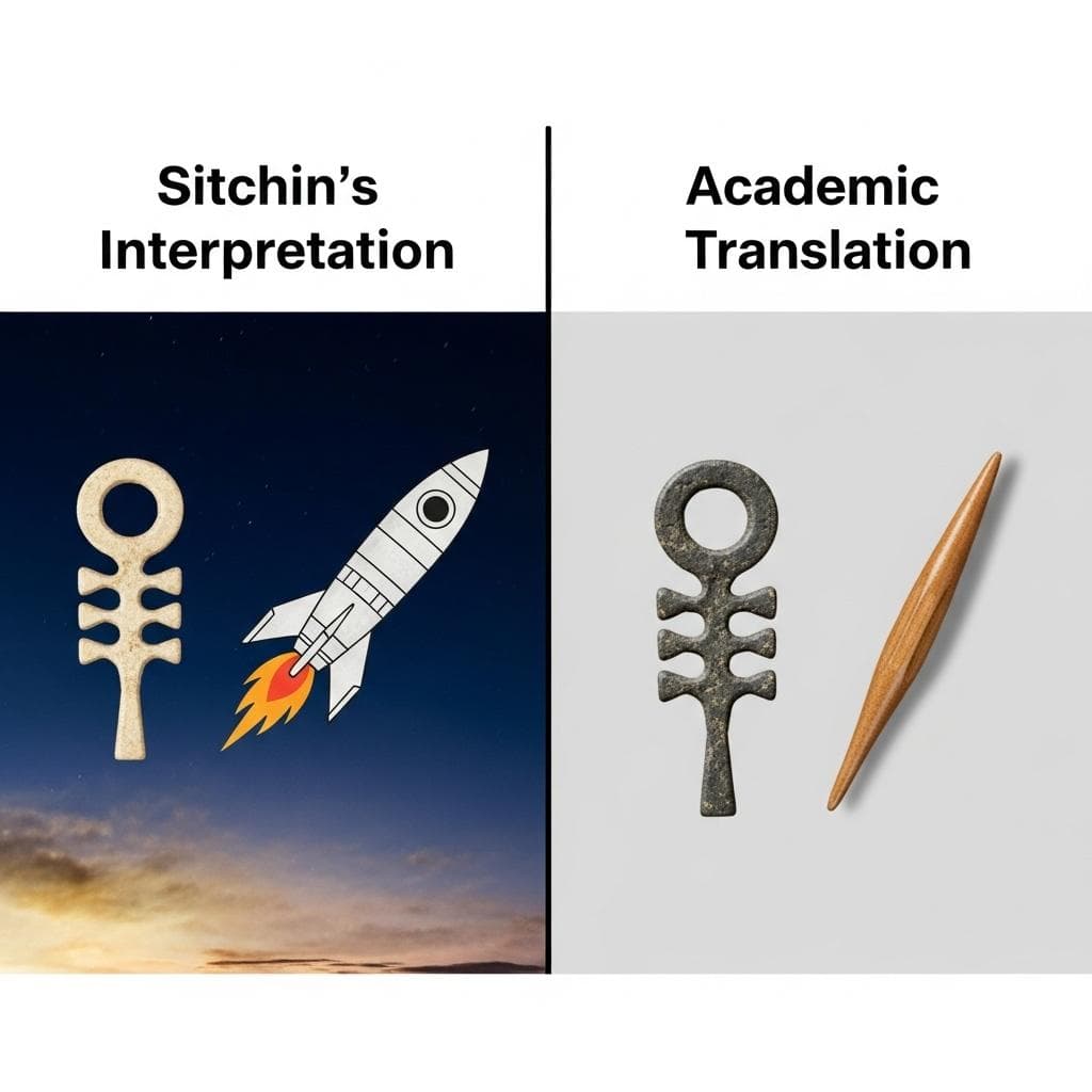 A simple, clean infographic chart comparing Zechariah Sitchin's translations with mainstream academic translations. On the left, a cuneiform symbol is labeled 'Rocket Ship (Sitchin)'. On the right, the same symbol is labeled 'Stylus/Writing Implement (Academic)'.