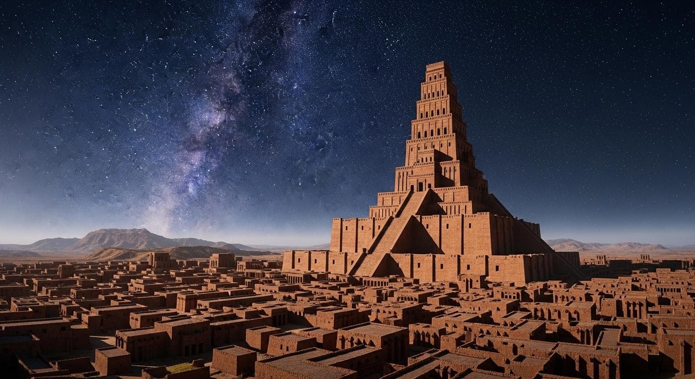 A grand and cinematic view of an ancient Mesopotamian ziggurat in the city of Ur, standing tall under a brilliant, star-filled night sky, evoking a sense of ancient mystery and advanced knowledge.