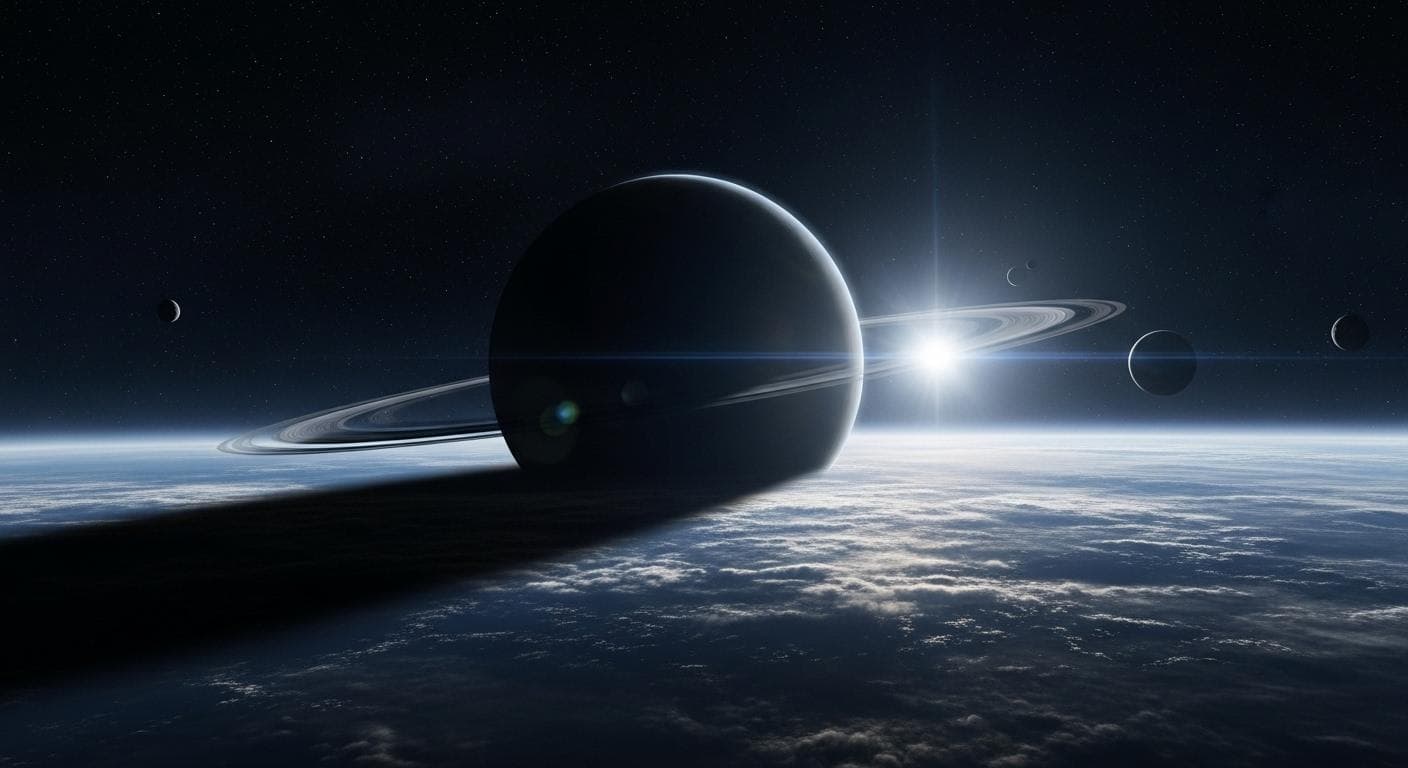 A conceptual image of the hypothetical Planet 9, also known as Nibiru, as a massive, shadowy planet lurking in the dark outer edges of the solar system.