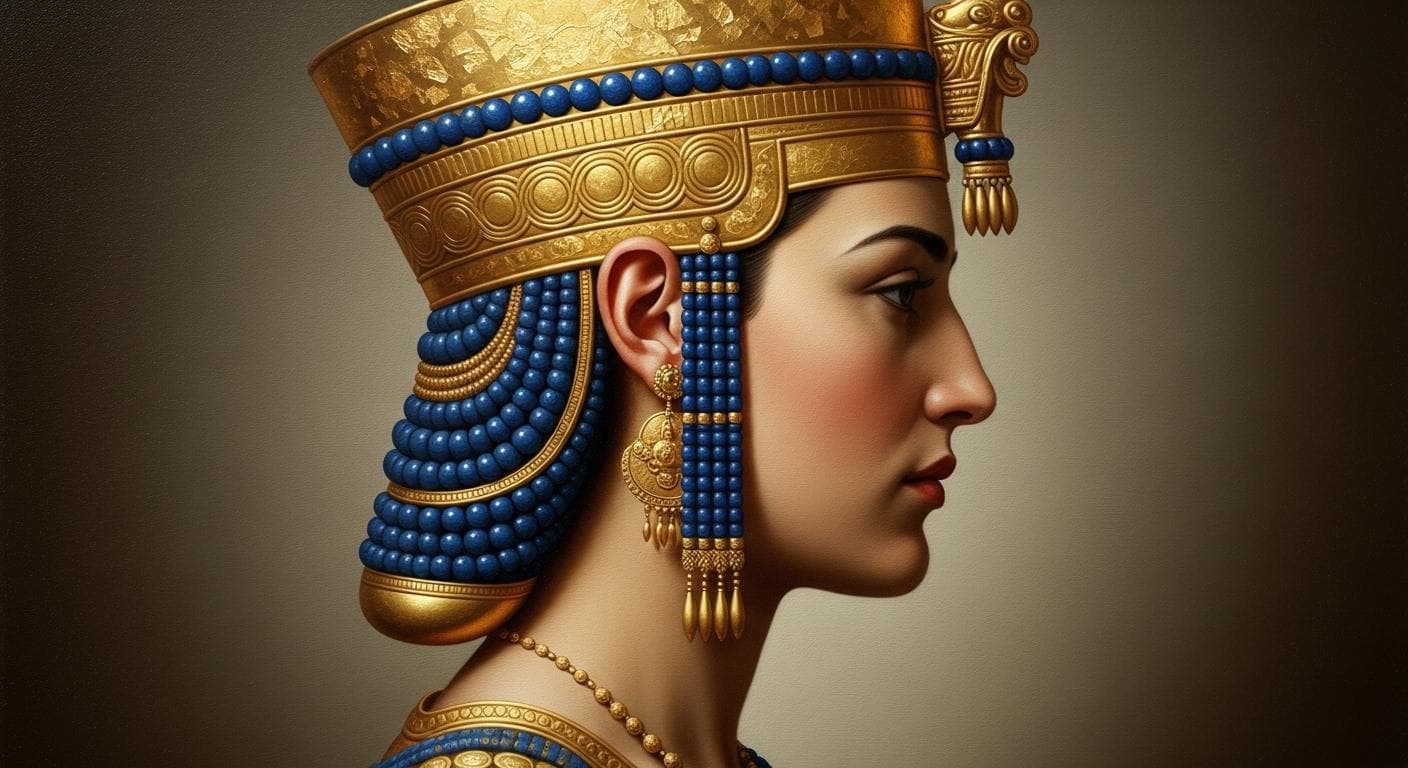 A conceptual, artistic portrait of an ancient Sumerian queen, seen in profile, adorned with elaborate gold and lapis lazuli headdress and jewelry, with a subtle elongation to her cranium suggesting noble or divine lineage.