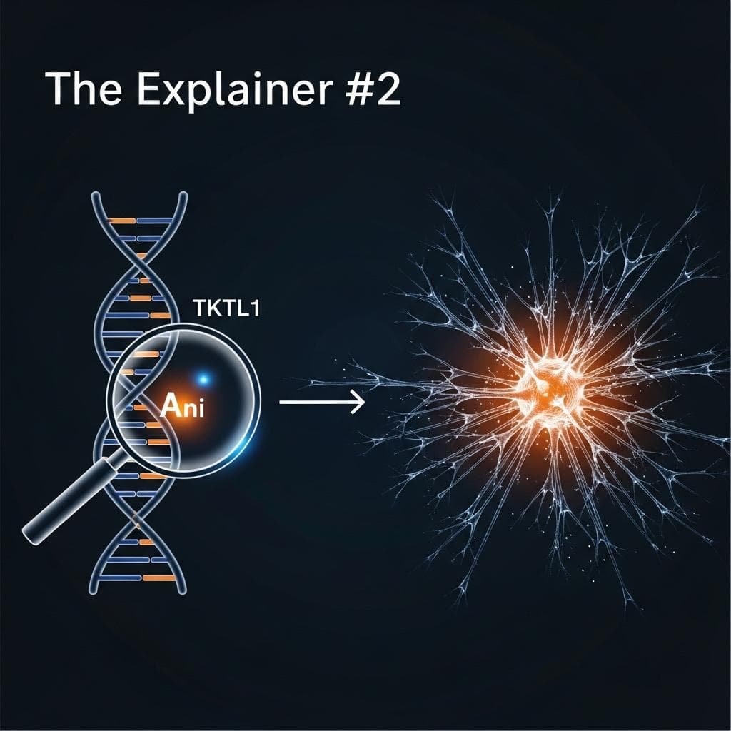 An infographic diagram showing a DNA helix with a single amino acid highlighted on the TKTL1 gene, leading to an explosive, branching network of neurons, symbolizing a cognitive leap.