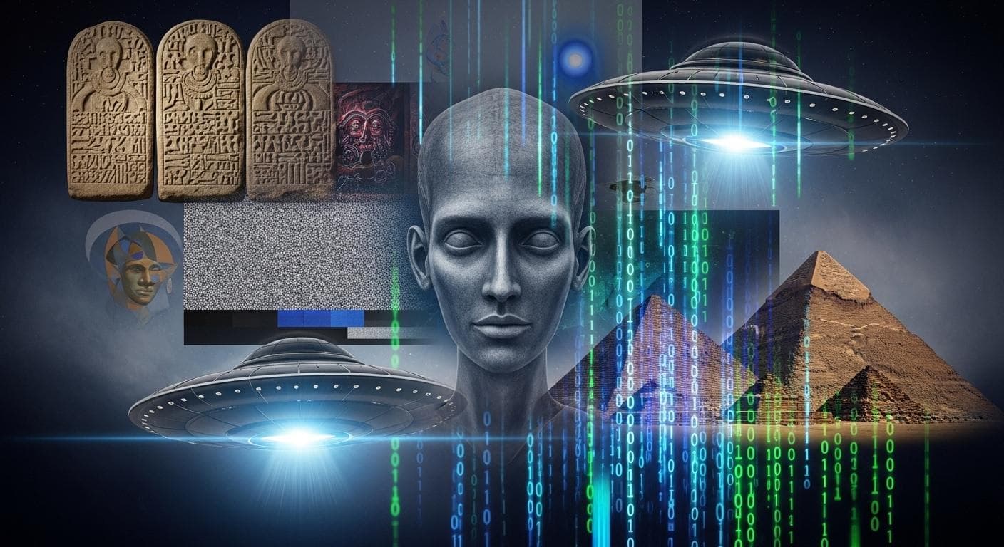 An abstract digital collage featuring elements of the Anunnaki theory (an elongated skull, the symbol for Nibiru, a cuneiform tablet) mixed with modern pop culture imagery like UFOs and glowing TV screens.