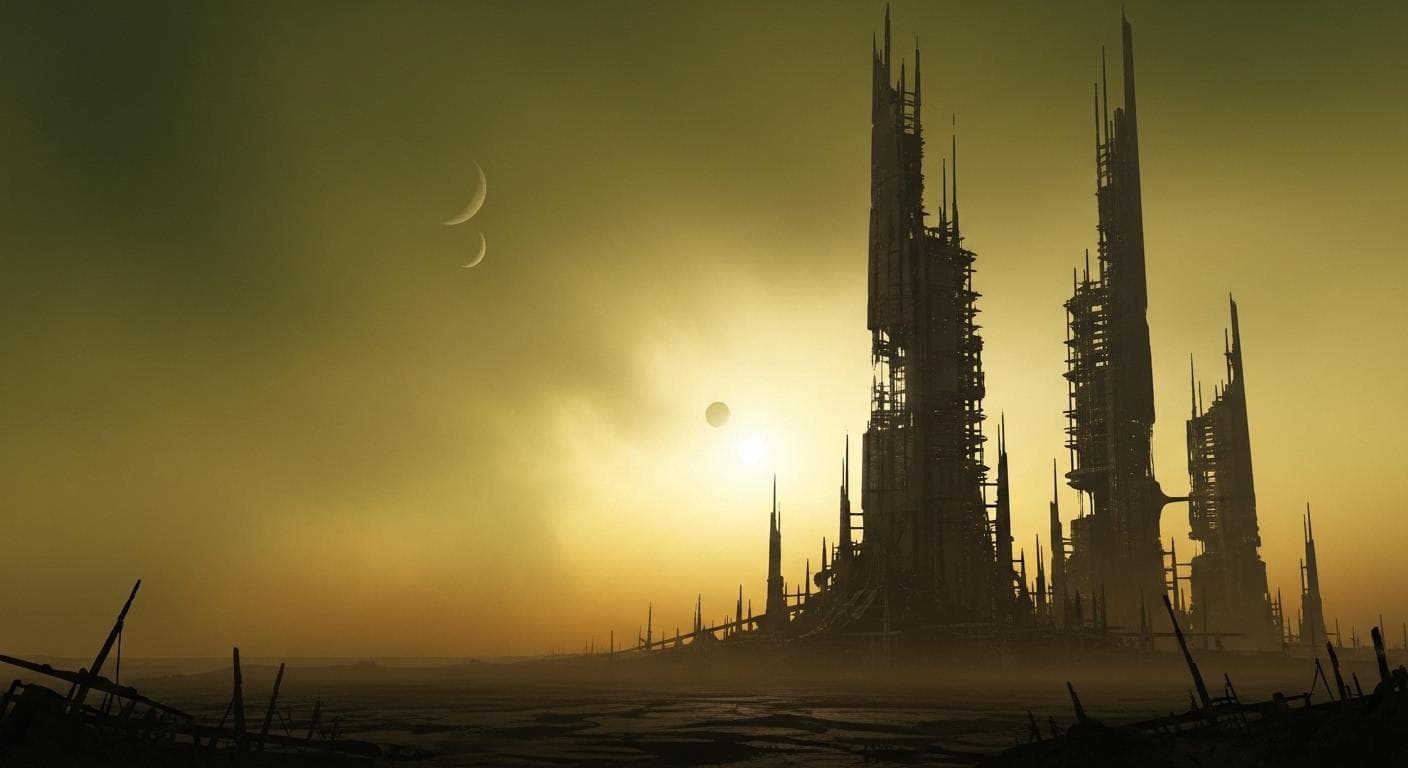 The dying planet Nibiru hangs in space, its atmosphere a sickly yellow haze, with two faint moons barely visible through the oppressive gloom.