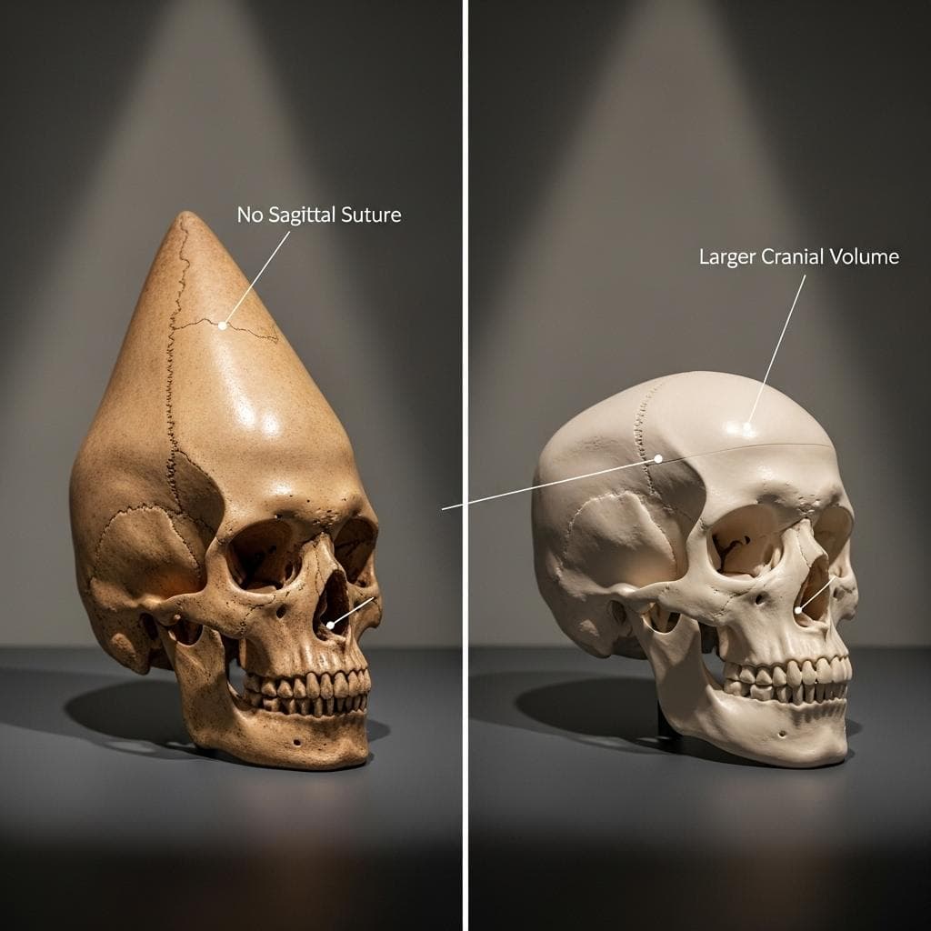 A scientific, side-by-side comparison of an elongated Paracas skull and a normal human skull, with subtle annotations highlighting differences in cranial volume and suture lines.