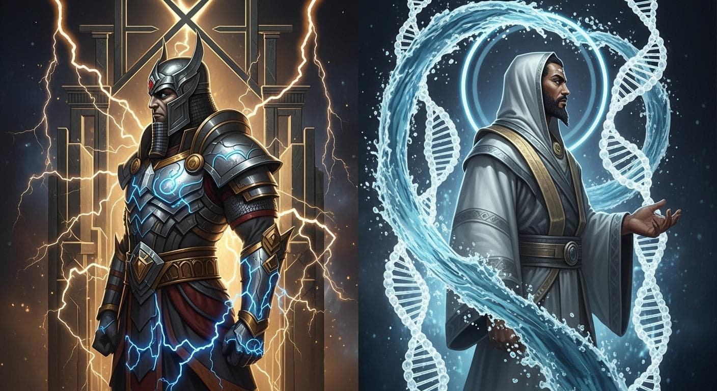 A conceptual artwork depicting two powerful Anunnaki figures, Enlil and Enki, in symbolic opposition. Enlil is surrounded by geometric patterns of order and command, while Enki is surrounded by swirling representations of water and DNA helices.