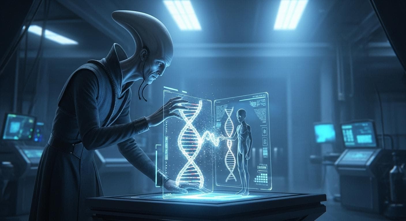 A futuristic laboratory where giant Anunnaki scientists, surrounded by holographic displays, carefully manipulate glowing strands of DNA, blending their own with that of a primitive hominid.